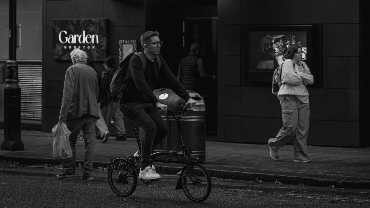 Someone riding a Bromtpon bike
